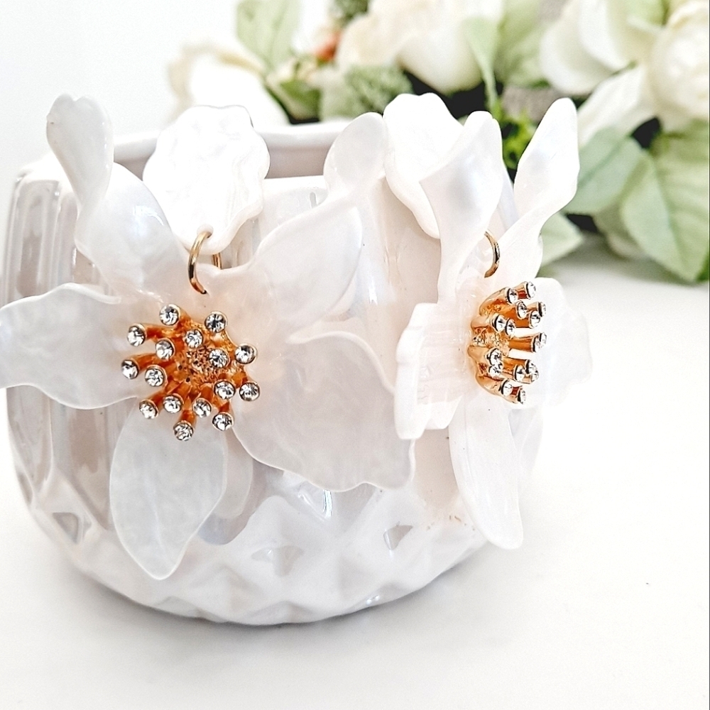 Gold White Flower Statement Earrings Oversized Rhinestone Bridal Formal Wedding - Picture 16 of 17